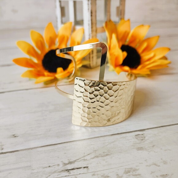 (2) Asymmetrical Gold Tone Cuff Bracelets-Hammered Look, Chic, Elegant - Picture 10 of 13